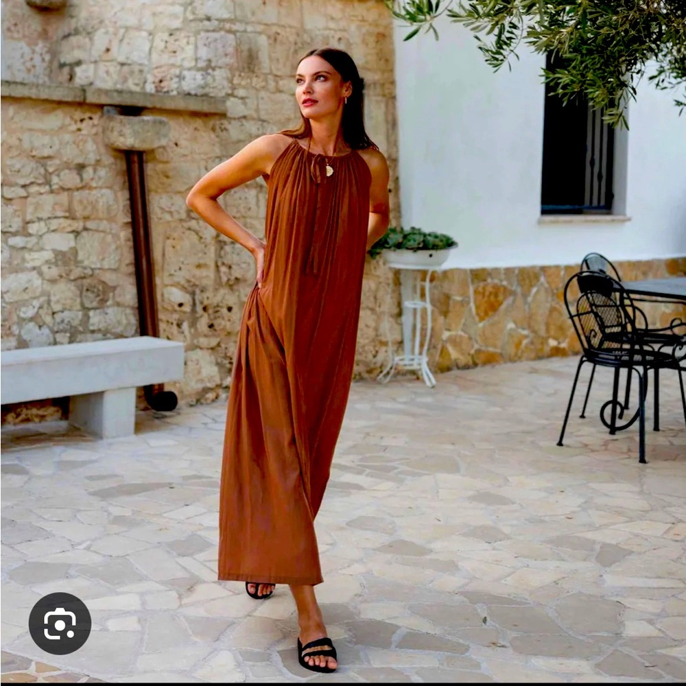 MERSEA patio striped midi dress vacation travel boho flowy ONE SIZE pink red